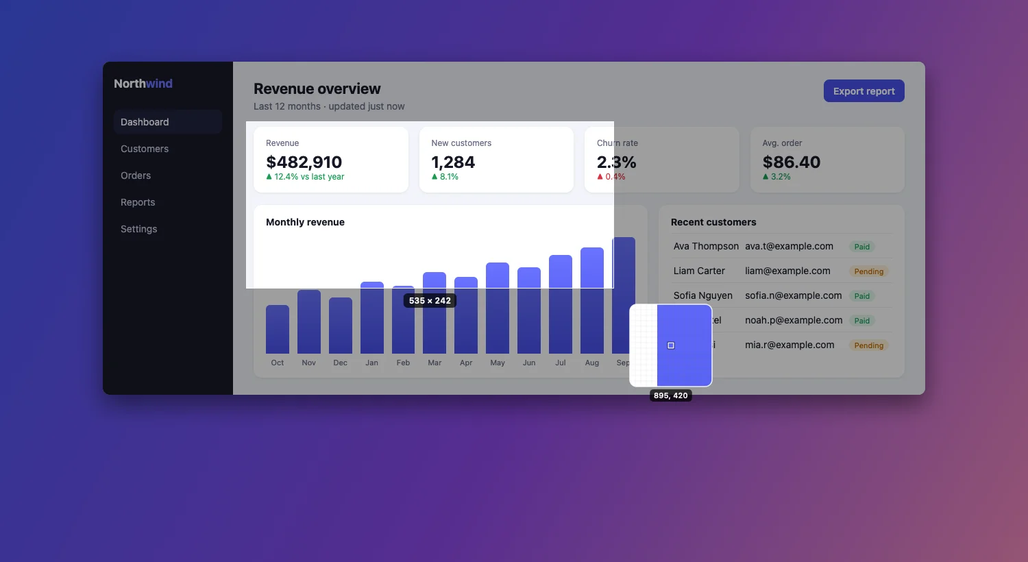 Selecting an area of a dashboard with Glimpse: the rest of the screen dims, the size reads 535 × 242 and a magnifier shows the pixels under the cursor